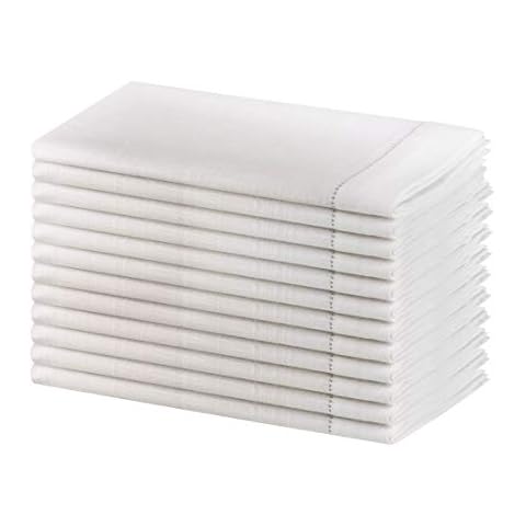 SweetNeedle - Pack of 12 - Slub Cotton Handmade Designer Ladder Lace Hemstitched Napkins 50 CM x 50 CM (20 IN x 20 IN) in White Color - Premium Linen Look - 100% Cellulose Natural Fiber Cover