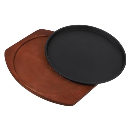 Alipis 1 Juego plancha de hierro fundido rejillas de parrilla presentar bife sartenes barbacoa doble sartén plato a la parrilla plato de carne de cocina doméstica plato para servir Madera