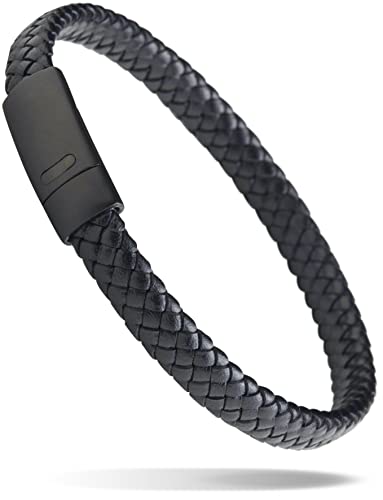 LUXAR Menâs Genuine Interwoven Black Leather Braided Bracelet | Brushed Black Stainless Steel Clasp | Large (7-7Â½ Inch Wrist) | Male Jewelry