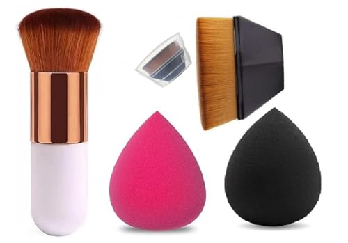 4-in-1 Makeup Brush and Sponge Set – 1 Round Foundation Brush, 1 Wooden Blush Brush, 2 Makeup Sponge Blenders – Combo for Daily Makeup Use