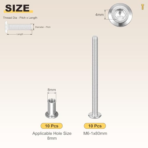 Image of METALLIXITY Crib Screws Replacement Set(M6-1x80mm) 20Pcs, Stainless Steel Connector Bolts M6 Screw Barrel Nuts Binding Screws, for Chair Cabinet Bed, Silver