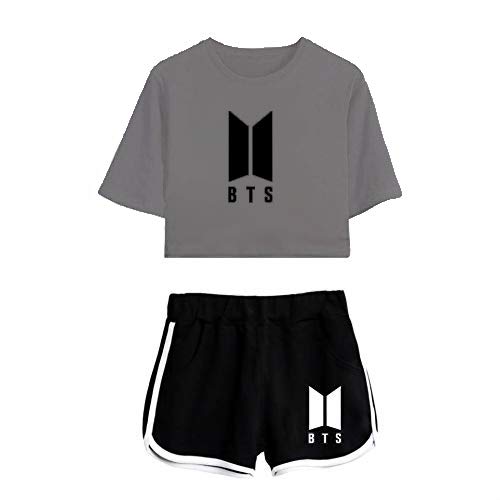 Cropped Top and Shorts Pyjama Set for Women (BTS Grey Black, Medi...