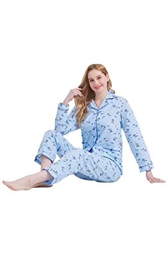 Image of GLOBAL Women Cotton Pajamas Long Sleeve PJs Button Down Sleepwear S-3XL