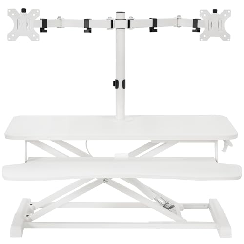 Image of VIVO Height Adjustable 32 inch Standing Desk Converter with Dual 13 to 30 inch Monitor Stand, Sit Stand Monitor Mount and Desk Riser, White, DESK-V000K-M2W