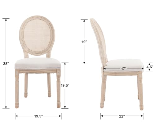 chairus Farmhouse Dining Chairs Set of 2, Round Rattan Back French Country Dining Room Chairs Vintage Fabric Upholstered Chair with Rustic Wood Legs, Beige 2 PCS - Thumbnail 2