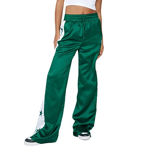 Women's Drawstring Pants High Waist Star Print Wide Leg Trousers Baggy Split Hem BottomLong Pants