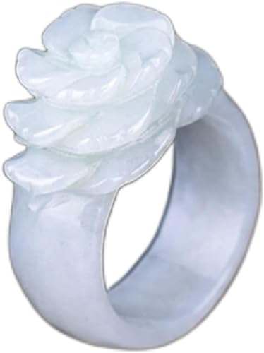 Natural White Jade Ring, Hand-Carved Rose Flower Jade Stone, Unisex Wedding Band, Crystal Clear Eternity Ring with Certificate