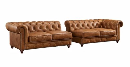 Image of Classic Leatherette Chester Sofa Set Button Tufted, Classic Style Sofa Set for Living Room, Office, and Hallway Colour (Brown Leatherette, 2+2=4 Seater Sofa)