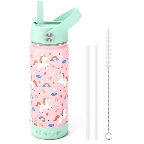 Fimibuke Kids Insulated Water Bottle, 18oz BPA FREE 18/8 Stainless Steel Kids Cup with Straw Travel Tumbler Double Wall Vacuum Leak Proof Toddler Water Bottle for School Boys Girls(1 Pack, Unicorn)
