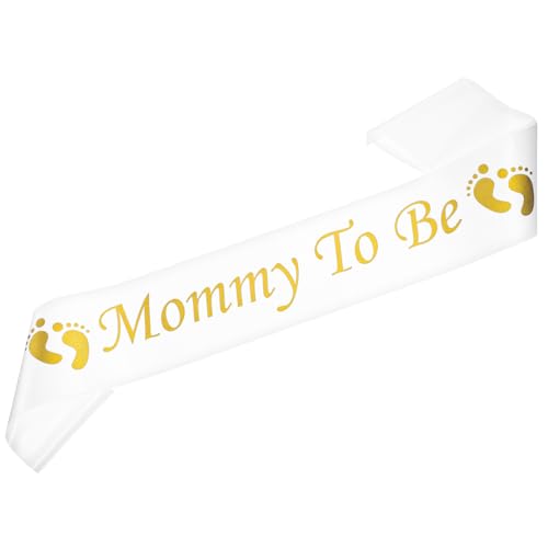 White Satin Mom to Be Sash for Baby Shower, White Mom to Be Sash with Gold Foil Text, Baby Shower Sash Decorations for Gender Reveal Newborn Party