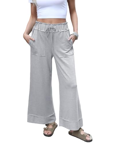 Womens Wide Leg Pants High Waisted Adjustable Drawstring Palazzo Pants Lounge Flowy Dress Trousers with Pockets