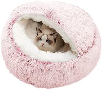 Cat Bed Plush Hooded Cat Bed Cave, Cozy for Indoor Cats or Small Dog beds, Cat Calming Bed, Doughnut Calm Anti-nxiety Cat Bed for Small Medium Pets Snooze Sleeping Indoor (Plush Ceiling-Pink)