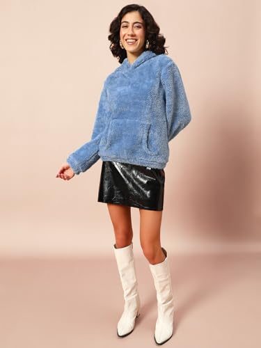 Image of THE DRY STATE Women's Basic Fit Teddy Fur Hoodie with Kangaroo Pocket
