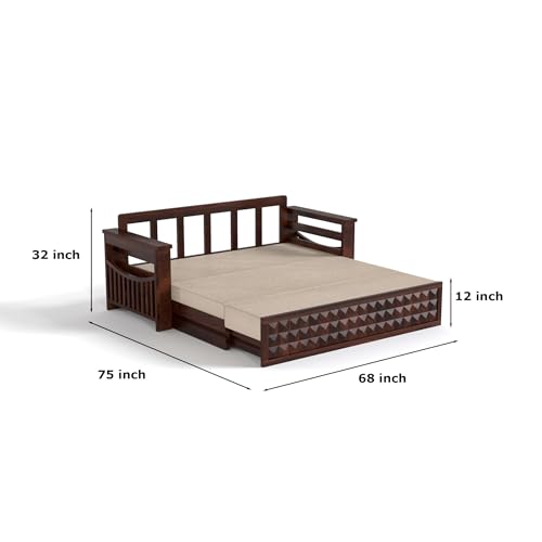 Image of Mamta Furniture Solid Sheesham Wood Sofa Set 3 Seater Furniture Wooden 3 Seater Sofa Cums Bed for Home Living Room with Cushions (Walnut with Cream, 3 Seater Design 2)