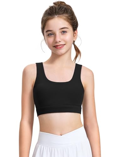 JOCMIC Girls Sports Bras Soft Seamless Training Bra with Removable Padding Yoga Crop Tops for Teens Black 7-8 Years