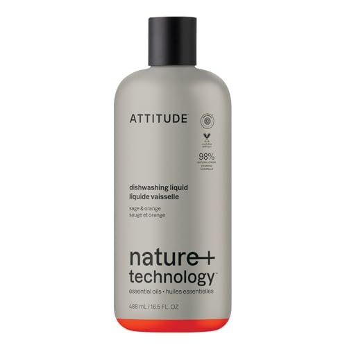 Image of ATTITUDE Dish Soap, Infused with Essential Oils, Plant-Based Ingredients, EWG Verified, Great for Clean and Sparkling Dishes, Vegan Dishwashing Liquid, Orange & Sage, 488 mL
