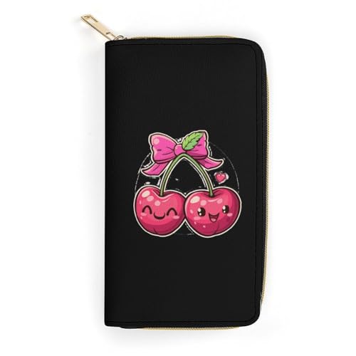 Bow Cherry Print Wristlet Wallets for Men Women Leather Purse Clutch Cute Card Holder