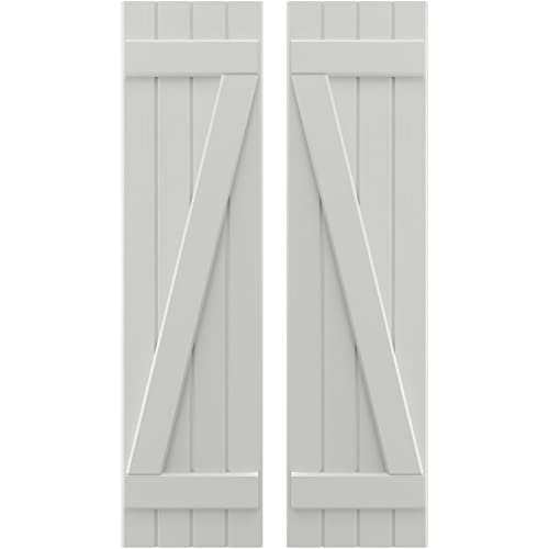 14"W x 69"H Americraft Four Board (2 Batten) Exterior Real Wood Joined Board-n-Batten Shutters w/Z-Bar (Per Pair), Hailstorm Gray