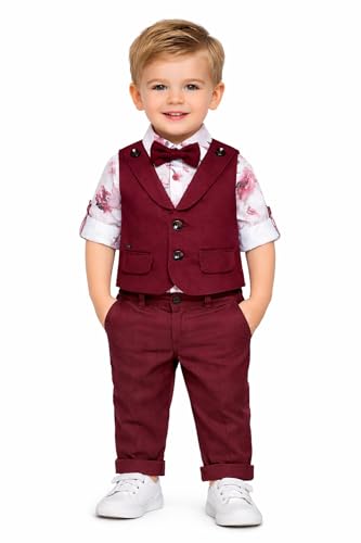 Image of Baby Boys Formal 3 Piece Suit Set with Shirt Matching Pant, Waistcoat & Bow Tie Kids Outfit, Stylish Dress for Toddler & Little Boys, Comfortable Designer Clothing Set