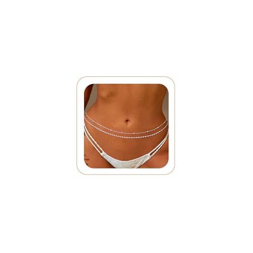 MOODEAR 925 Sterling Silver Waist Chain for Women Double 2PC Belly Bead Body Chain Belt Spacer Beads & Lip chain Design Waterproof Summer Beach Jewelry for Bikini Dress & Vacation