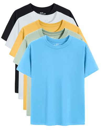 Gihuo 5 Pack Boys Cotton Shirts Short Sleeve Tees Summer Tops Soft Kids Tshirts (US, Age, 5 Years, White,Black,Yellow,MintGreen,SkyBlue)