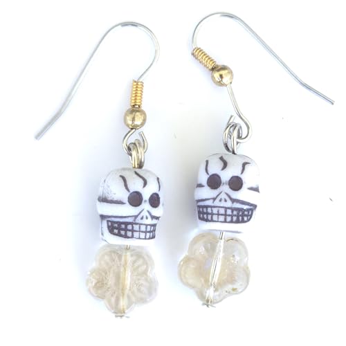 Smiling Skull Halloween Dangle Bead Earrings (Clear Floral