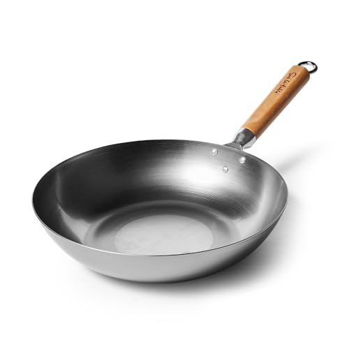 Sur La Table 12' Carbon-Steel Wok, Flat Bottom Pan for High-Heat Cooking – Ideal for Deep-Frying, Steaming, and Stir-Frying– Lightweight, Fast Heating