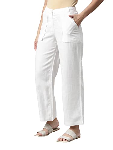 Image of GO COLORS Solid Linen Cargo Pants for Women | Full Length, Mid Rise, Side Pockets
