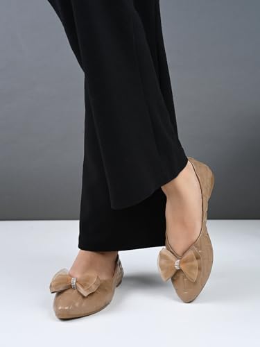 Image of XE Looks Textured Flats with Mesh Bow - Elegant Design, Comfortable Fit, Perfect for Adding a Chic Touch to Outfits for Girls & Womens