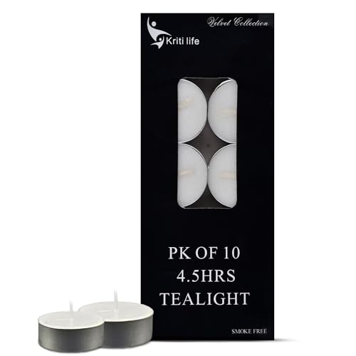 Image of Kriti Life Tealight Candles - 100% Paraffin Wax, Smokeless & Unscented, Long Burn 4.5 Hours, Set of 10 Pcs, Dripless White Candles for Home Decor, Diwali, Weddings, Meditation