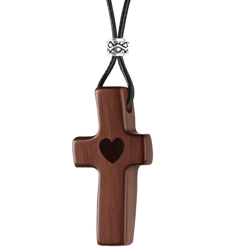 Welhouse Cross My Heart Wood Cross Pendant Necklace For Men Women Christian Gift Necklace Handcrafted
