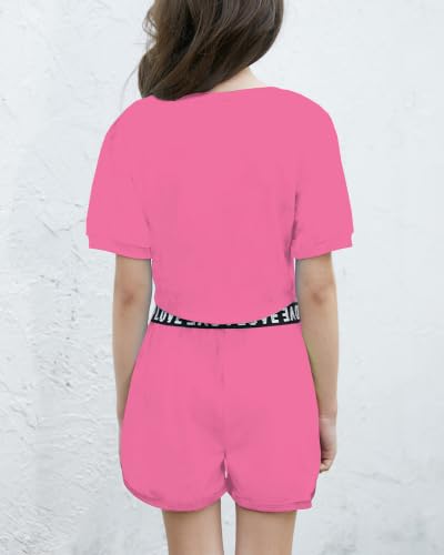 Image of Betusline Girls Summer 2 Piece Outfits,Kids Short Sleeve Crop Top & Shorts Set with Side Pockets