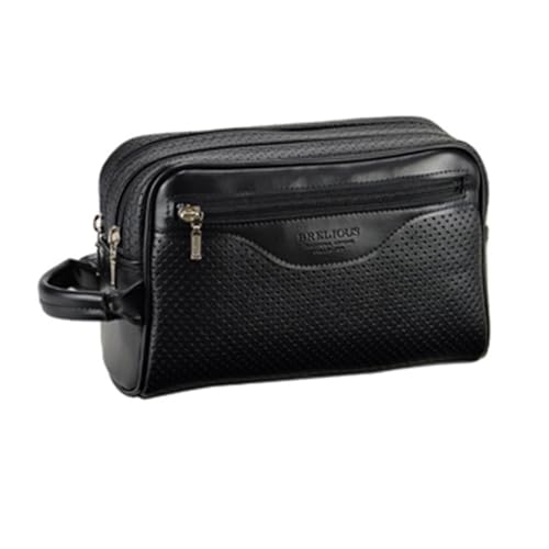 [豊岡市] パンチング天ファスナーWポーチ 黒 25965-01 / 平野鞄 ポーチ 2層式 仕分け収納 ダブルファスナー カード入れ 縦持ち サイドハンドル フォーマル シンプル デザイン 高級 豊岡製鞄 日本製 かばん カバン バッグ 鞄