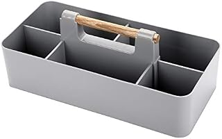 BSTKEY Rectangular Stackable Desktop Storage Organizer Tote Divided Basket Bin, Plastic 5 Compartments Storage Box Holder with Wood Handle (Light Grey)