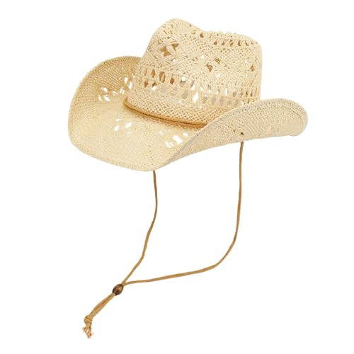 PWGGMAA Summer Adult Western Straw Cowboy Hat with Adjustable Chin Strap (Z1-Beige M)