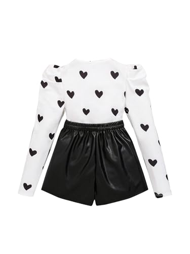 Image of Floerns Girl's 2 Piece Outfit Heart Print Long Sleeve Tee Top and PU Leather Shorts Set Black 11Y