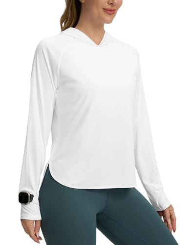 Camisa de sol para mujer con capucha blanca SPF manga larga ropa de senderismo y protección UV