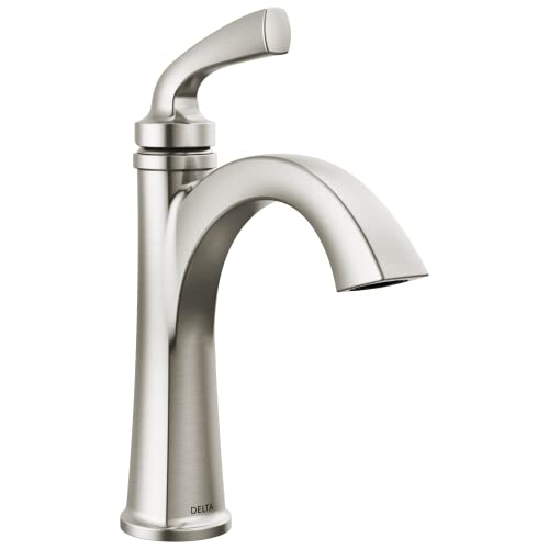 Delta Geist Brushed Nickel Bathroom Faucet 1 Hole Single Hole Bathroom Sink Faucet for Vanity Push-Pop Drain Assembly SpotShield Brushed Nickel 15864LF-SP