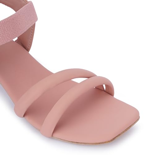 Image of SKOLL Women's Low Block Heel Strappy Sandals, Comfort Elastic Ankle Strap Open Toe Heeled Sandals, Casual Dressy Walking Sandals with Dual Front Straps