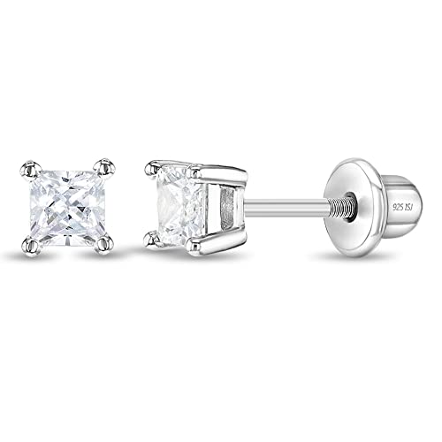 925 Sterling Silver Clear 3mm Square Princess Cut Cubic Zirconia Earrings with Safety Locking Screw Back for Babies, Toddlers and Young Kids