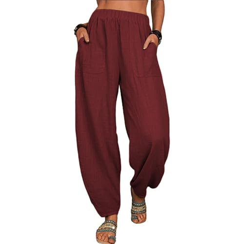 ZOCAVIA Women's Cotton Linen Harem Pants Casual Loose Fit Elastic High Waist Pants Lightweight Baggy Linen Wide Leg Trousers