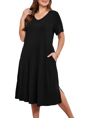 BELAROI Women Plus Size Dresses Summer Casual Flowy Midi Long Tshirt Dress V Neck Sundress Beach Cover Ups Pockets