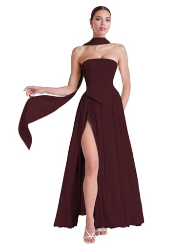 Elegant Strapless Formal Evening Gowns with Scraf Chiffon Pleated A-Line Long Slit Bridesmaid Dresses for Women
