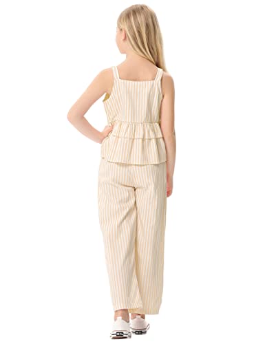 Image of Girl's 2 Piece Striped Outfits Cami Top Wide Leg Pants Ruffle Hem Summer Clothes with 2 Pockets 3-14Y