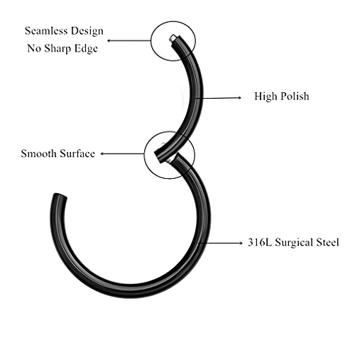 MissNity 316L Surgical Steel Hinged Nose Rings Hoop 20G 18G 16G 14G, Diameter 6mm to 10mm, Color Gold - Rose Gold - Silver - Black - Rainbow4
