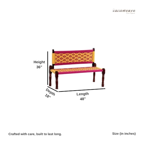Image of Srima Wooden Bench for Living Room | Handcrafted Sheesham Wood Backrest Bench for Balcony & Garden | Traditional Rajasthani Patio for Outdoor with Cotton Handwoven Rope | Pink and Yellow