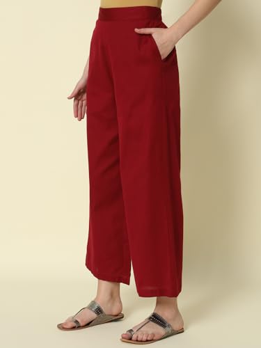 Image of FIORRA Womens Loose Mid Rise Cotton Solid Palazzo