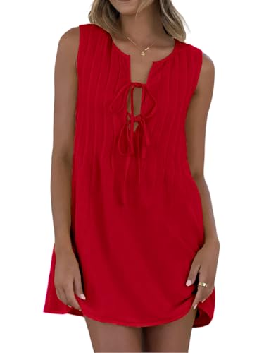Image of Womens Tie Front Mini Dress Summer Vacation Bow Sleeveless Pleated Casual Loose Babydoll Cover Ups Dresses