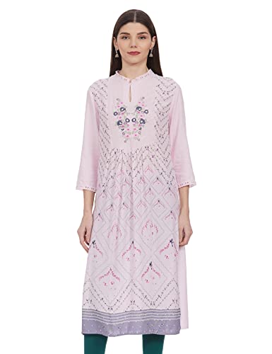 Image of W for Woman Women Viscose Orchid Pink Floral Print Straight Kurta