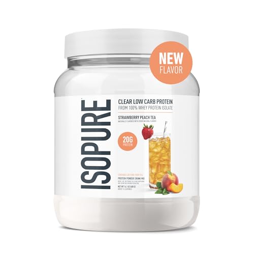 Image of Isopure Clear Whey Isolate Protein Powder, Lactose Free, Gluten Free, Naturally Flavored, Strawberry Peach Tea, 20g Protein Per Serving, 14.1 Oz, 16 Servings